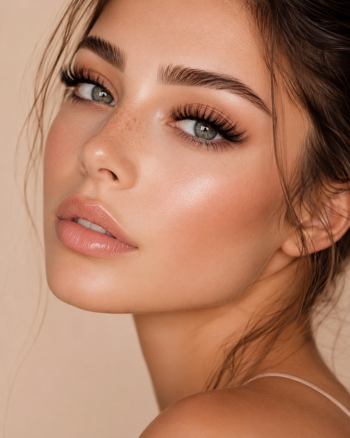 Volume lash set close-up on natural-glow makeup