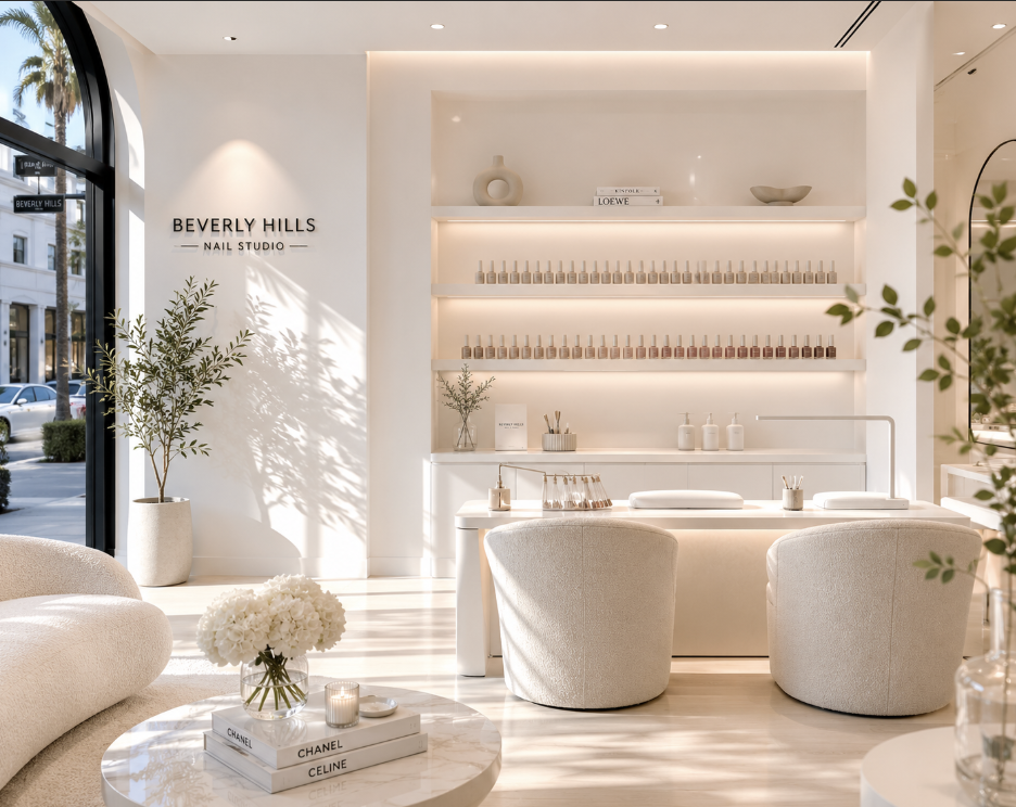 Bright minimal beauty studio interior with soft armchairs