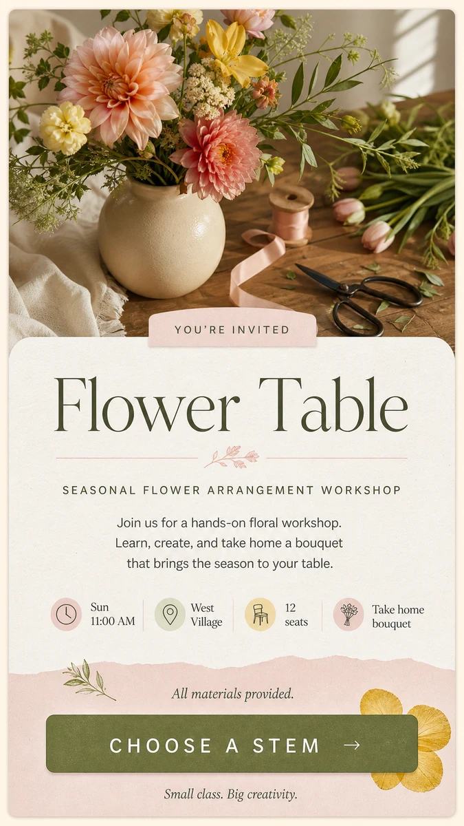 Flower Table bouquet workshop invitation card