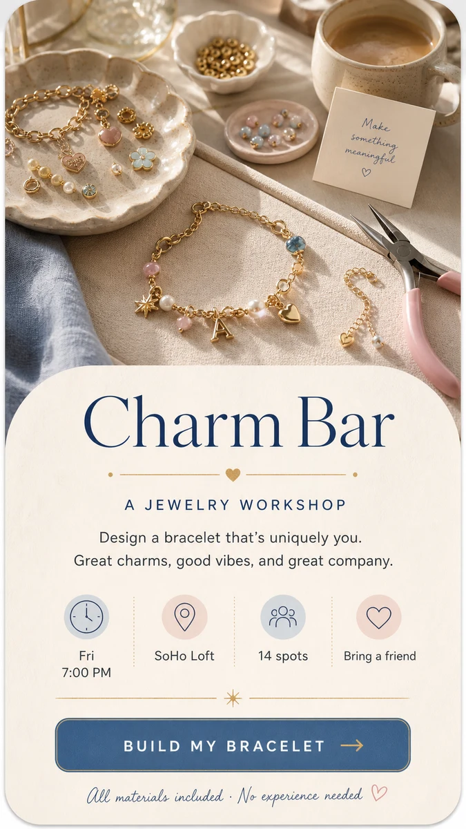 Charm Bar jewelry workshop invitation card