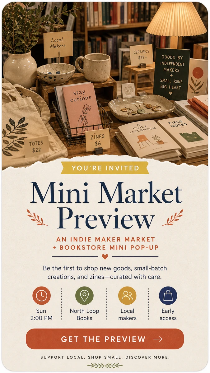 Mini Market Preview pop-up invitation card