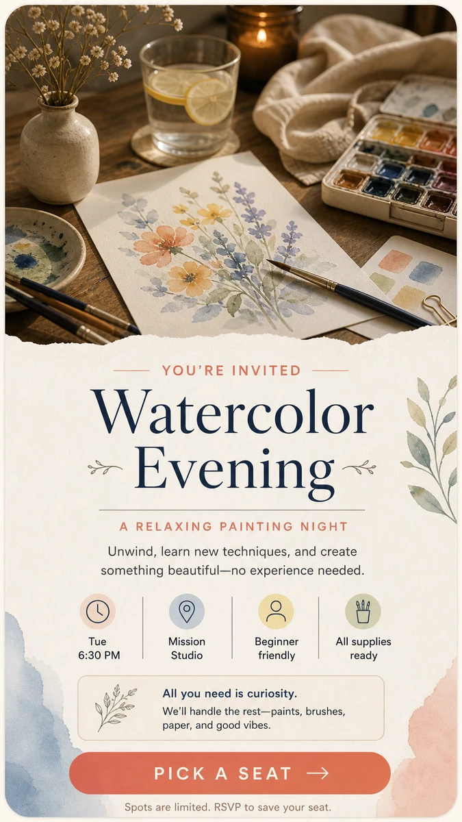 Watercolor Evening painting workshop invitation card