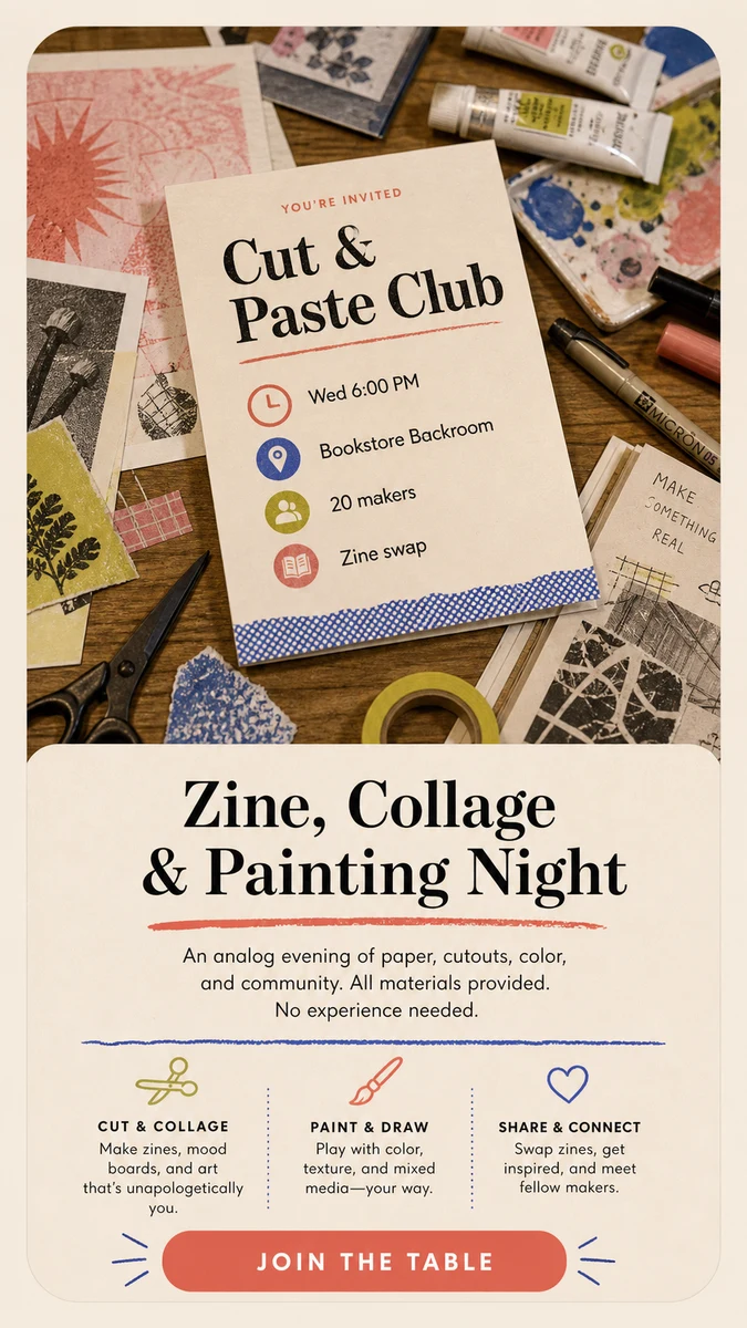 Cut and Paste Club zine workshop invitation card