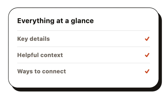 A CueCue card organizing key details and helpful context