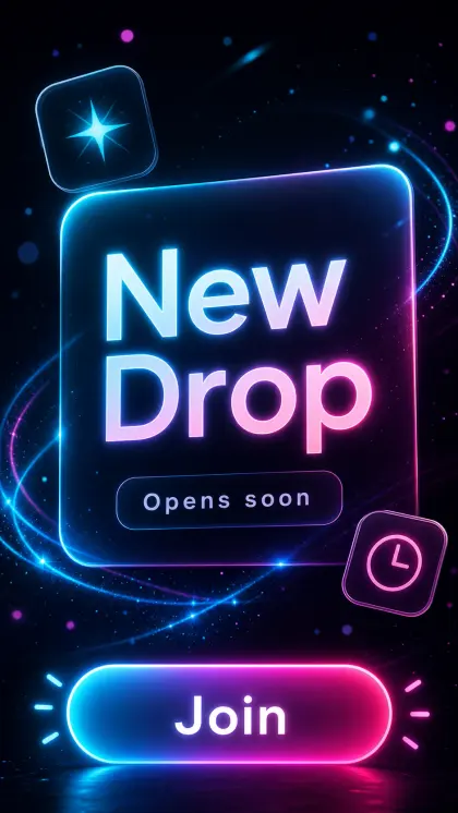 Tech product drop card with neon blue and pink New Drop headline, glowing join button, space-like background, and launch.