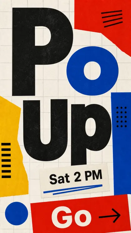 Poster campaign card with primary-color typographic layout, bold geometric blocks, campaign headline, and announcement.