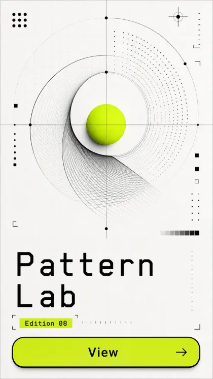 Pattern Studio Showcase card with generative circular geometry, minimal grid marks, lime accent sphere, and creative studio.