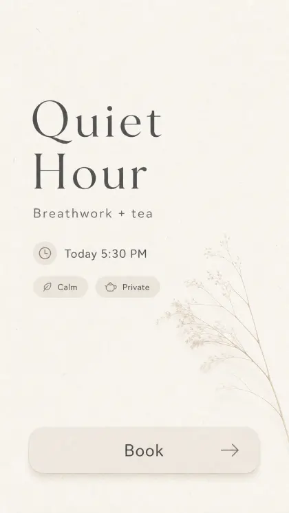 Wellness booking card with calm paper-like design, spa or studio appointment details, warm neutral sections, and.