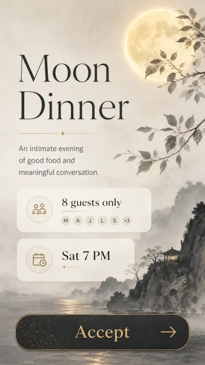 Atmospheric booking card with warm retreat imagery, soft light, reservation details, and destination booking layout.