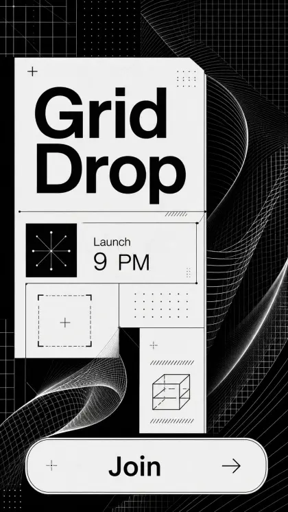 Pattern drop card with parametric black-and-white artwork, fashion or print release styling, product details, and drop CTA.
