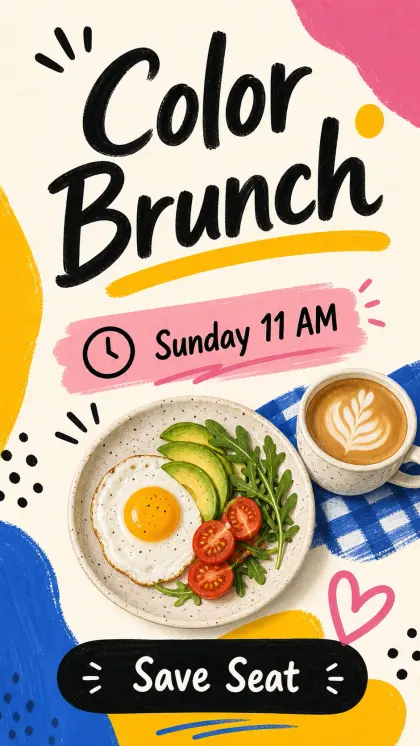Brunch special card with joyful expressive colors, cafe promotion typography, food event details, and playful booking layout.