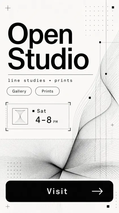 Studio workshop card with sketch-coded marks, art and code workshop theme, creative service details, and registration prompt.