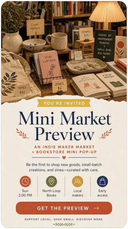 Summer market pop-up card with vendor booth artwork, bright market colors, date and location details, and customer signup.