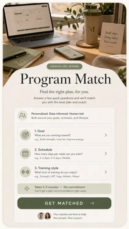 Program match quiz card with clean lead qualification layout, choice fields, service details, and call booking prompt.