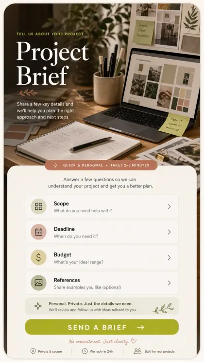 Project brief intake card with laptop workspace image, budget, deadline, scope fields, and structured agency inquiry layout.
