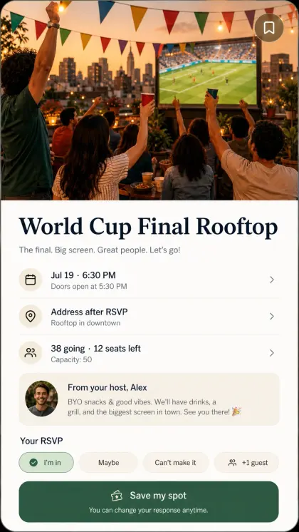 World Cup rooftop watch party card with crowd and city skyline image, match details, RSVP rows, host note, and save spot.