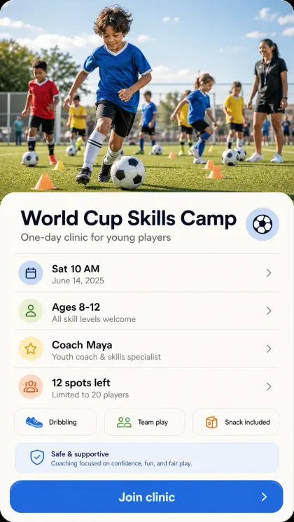World Cup skills camp card with youth soccer practice image, session time, age range, coach note, pricing, and join clinic.