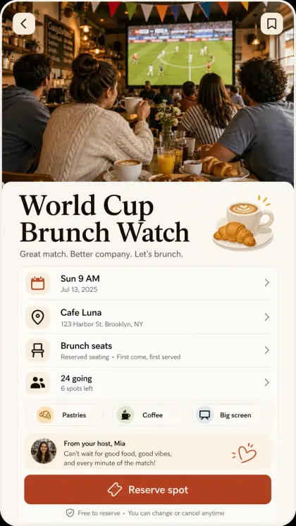 World Cup brunch watch card with cafe-style match viewing image, brunch details, party size, pastry icons, and reserve spot.