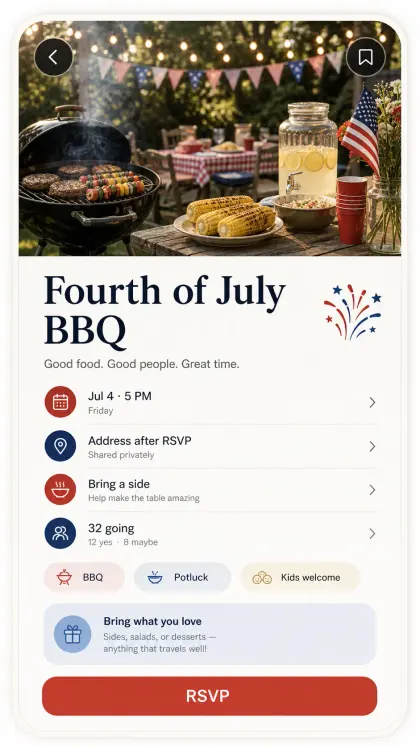 Fourth of July BBQ invitation card with picnic food photography, address and time rows, potluck details, and red RSVP button.