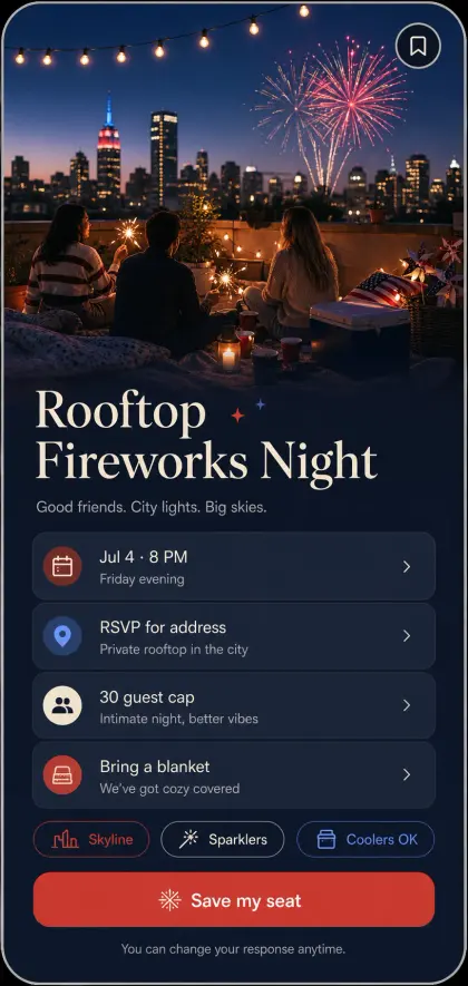 Rooftop fireworks RSVP card with night skyline image, schedule rows, blanket reminder, guest count, and red save my seat.