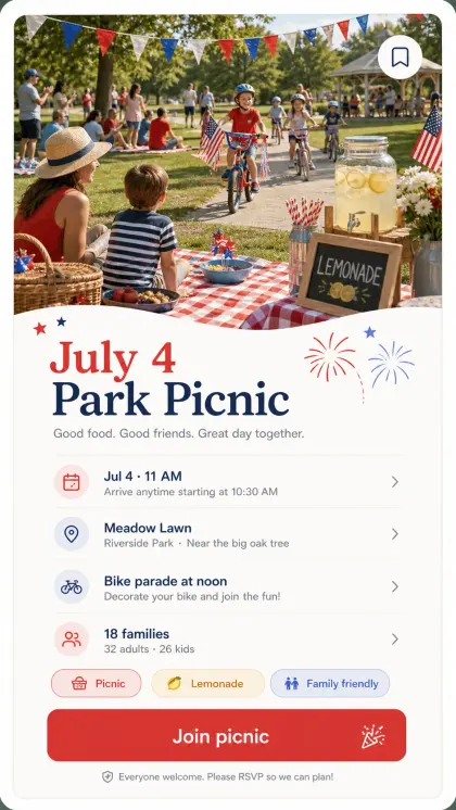 July Fourth picnic potluck card with park gathering artwork, dish signup details, family-friendly notes, and RSVP controls.
