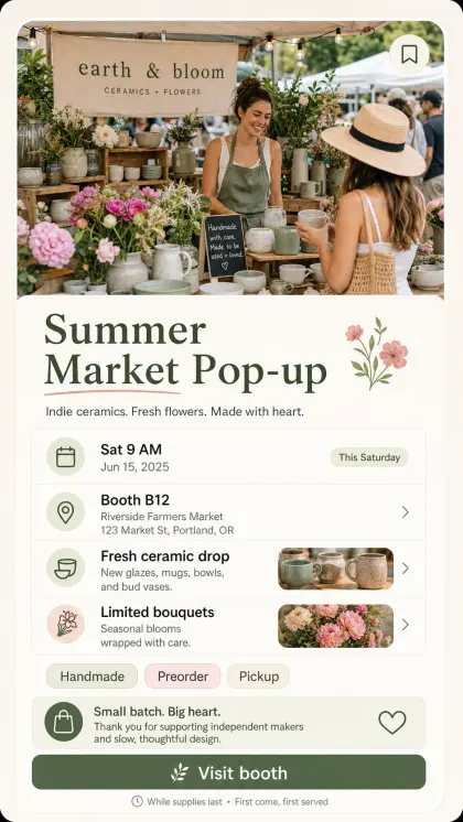 Vendor pop-up page card with summer market poster styling, seller lineup sections, location details, and signup prompt.