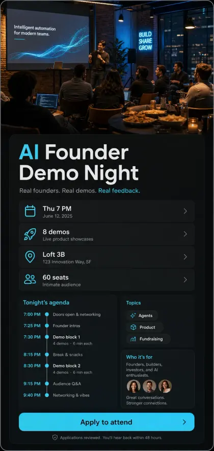 Founder demo night card with dark AI event artwork, speaker and agenda details, waitlist information, and attendee RSVP.