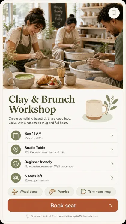 Clay brunch workshop card with pottery and brunch photography, limited-seat booking details, location rows, and RSVP button.