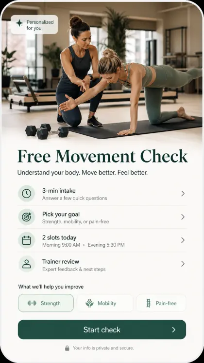 Movement check assessment card with wellness service layout, intake fields, evaluation details, and free booking call to.