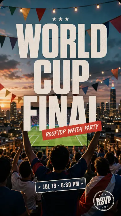 World Cup final poster card with bold stadium typography, rooftop watch party label, date details, and dramatic match-day.