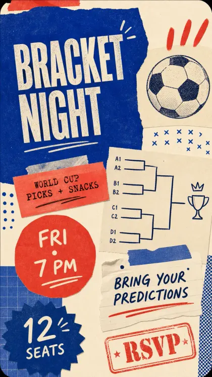 World Cup bracket night card with zine-style sports graphics, bracket illustrations, prediction prompts, and event time.