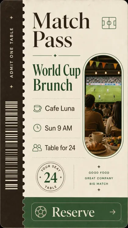 World Cup match pass card styled like an event ticket with barcode details, match information, venue notes, and entry prompt.