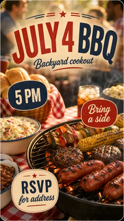 Fourth of July BBQ poster card with bold red type, grill illustration, community party details, and simple event.