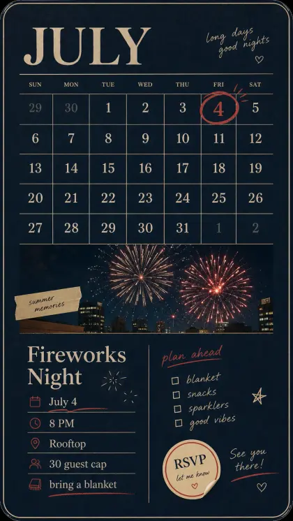 July Fourth calendar card with timeline-style holiday schedule, event windows, reminder rows, and what-to-bring details.