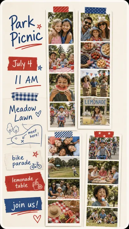 Holiday scrapbook invitation card with collage textures, picnic imagery, family gathering notes, and RSVP information.