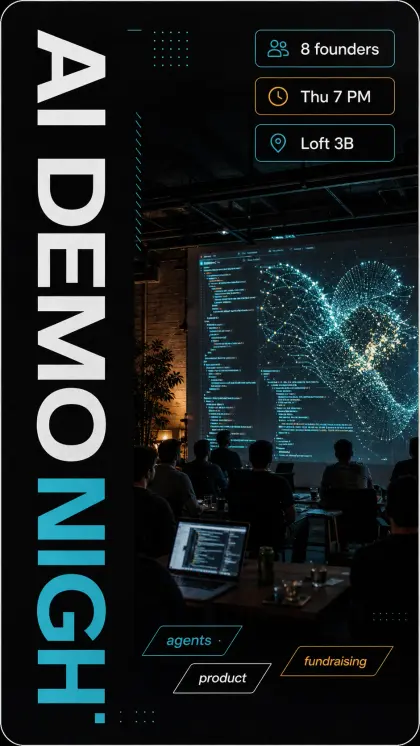AI demo magazine card with editorial startup layout, dark launch artwork, story sections, and lead capture styling.