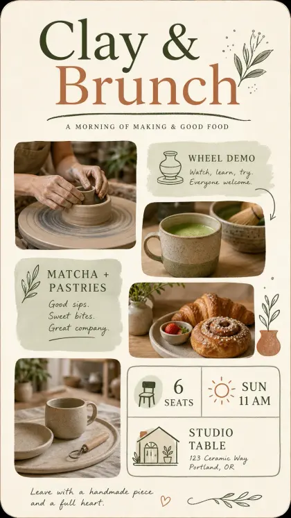 Clay brunch menu card with ceramic workshop imagery, food menu sections, class details, and small-event RSVP information.