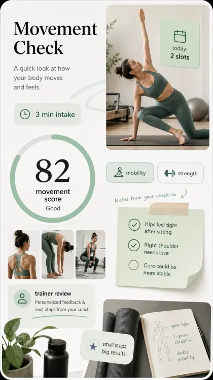 Movement dashboard card with structured assessment results, progress-style sections, next steps, and booking path.