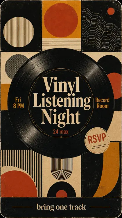 Vinyl listening poster card with record-night artwork, bold music event typography, community details, and RSVP information.