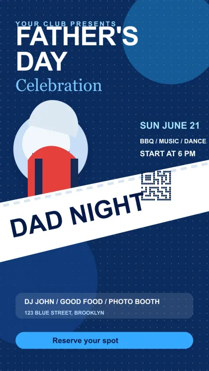 Blue Father's Day celebration card with club-poster typography, date details, RSVP prompt, QR-style block, and party lineup.