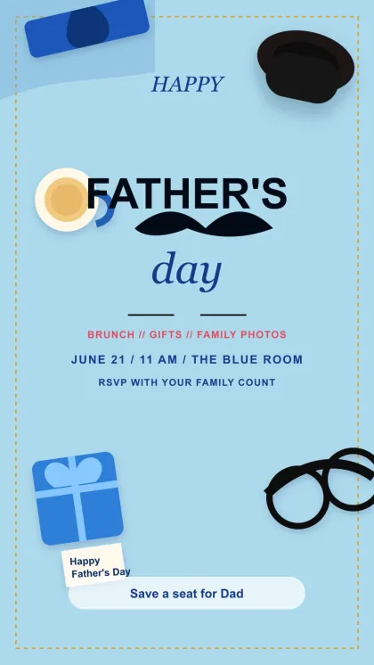Light blue Father's Day brunch card with tabletop gift styling, bow tie, coffee, glasses, family photo note, and.