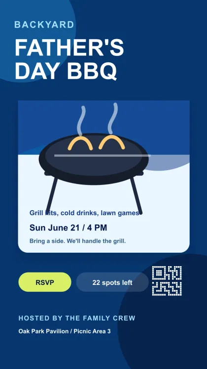 Navy Father's Day BBQ card with grill illustration, event details, RSVP button, spots-left badge, and QR-style block.