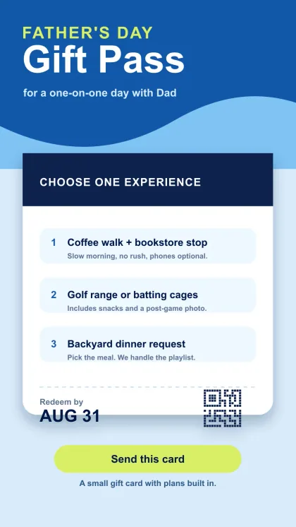 Father's Day gift pass card with blue wave header, experience choices, redeem-by date, QR-style block, and send card button.