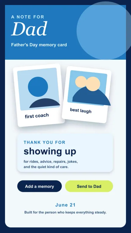 Father's Day memory collage card with blue photo-note layout, family memory prompts, thank-you message, and send-to-Dad.